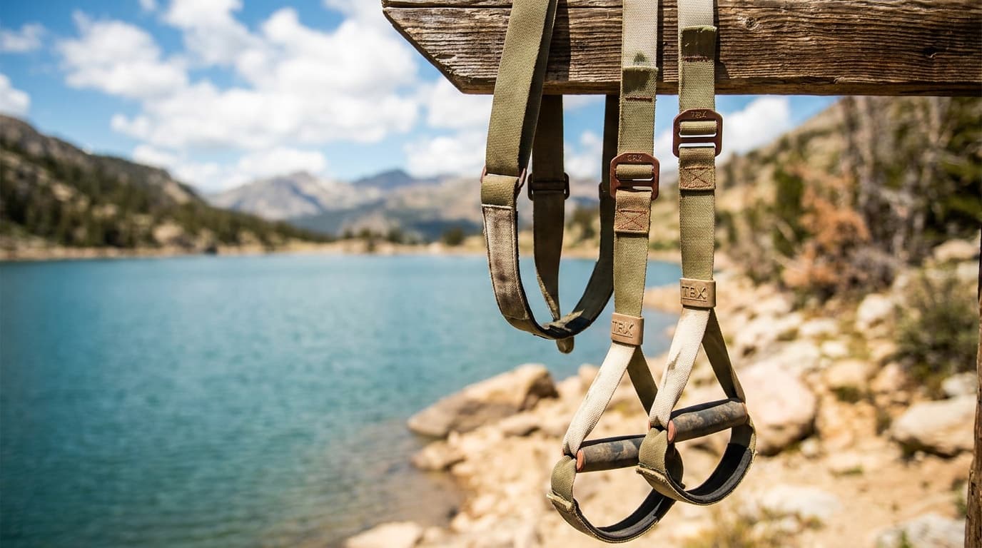 TRX suspension trainer straps hanging from an outdoor beam in bright daylight, handles and foot cradles visible against a blue sky