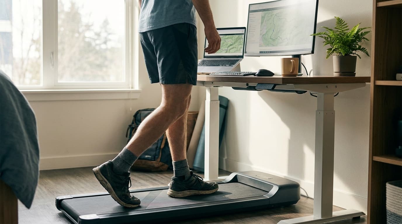 A slim walking pad in use beneath a standing desk in a home office, laptop and monitor on the desk during a workday