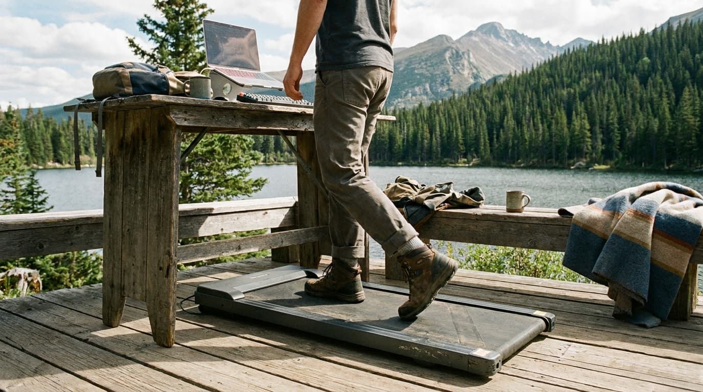 A slim under-desk walking pad treadmill positioned beneath a standing desk with a laptop and keyboard on top