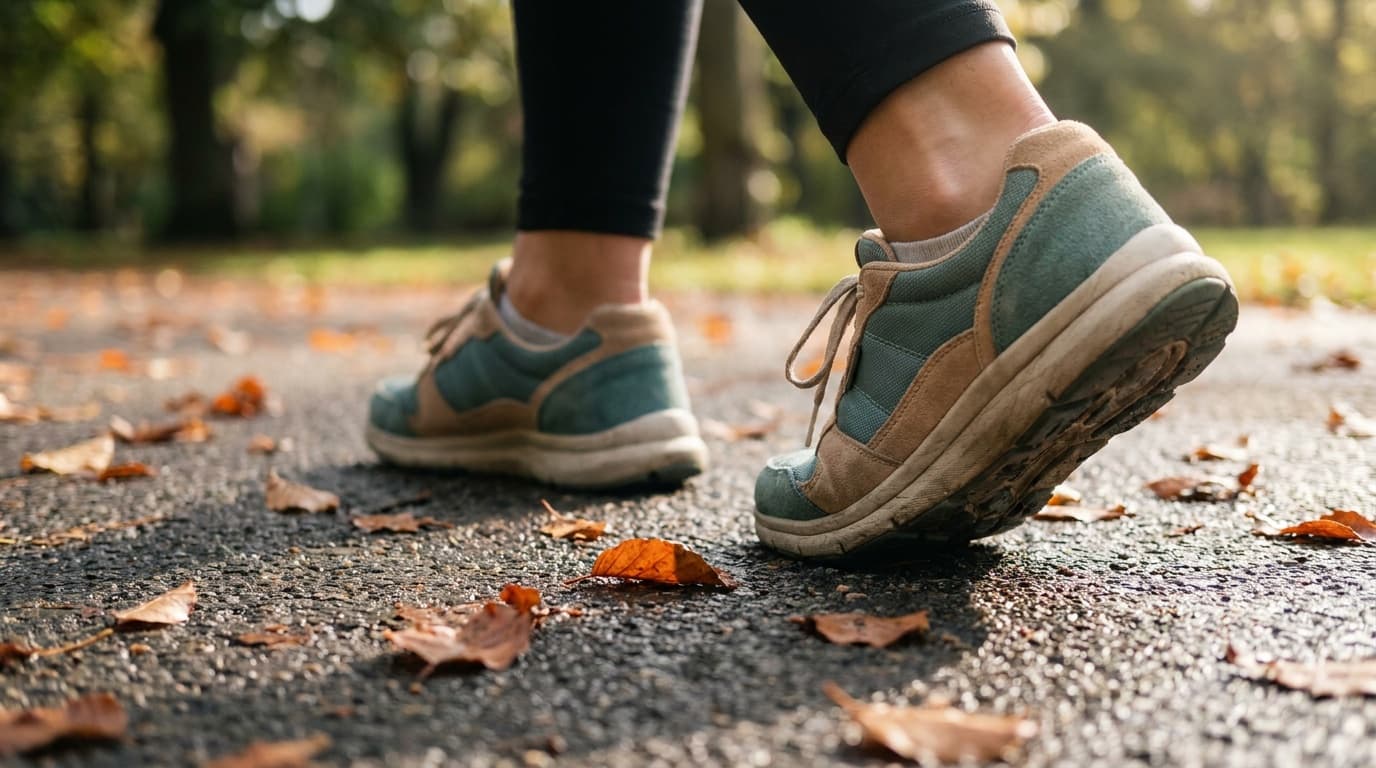 A pair of cushioned running shoes on a sun-lit paved walking path through a tree-lined park at dawn