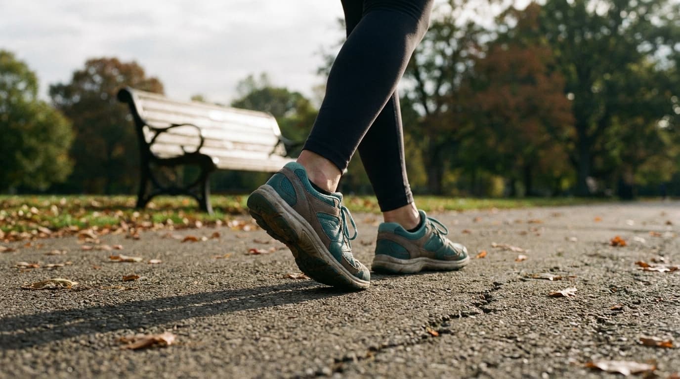 A woman walking briskly on a paved park path in early morning light, cushioned walking shoes mid-stride on the pavement