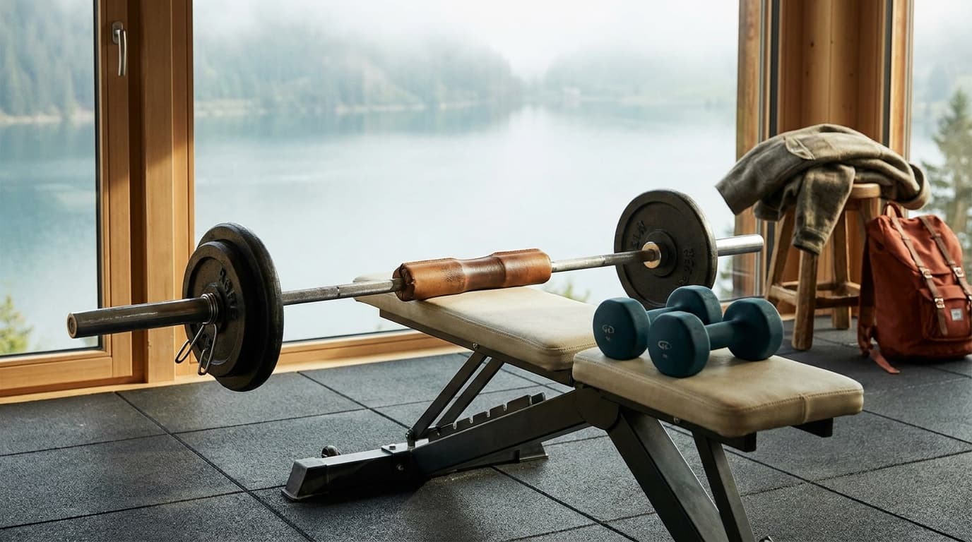 A loaded barbell and dumbbell pair resting on an adjustable weight bench in a clean home gym with rubber flooring