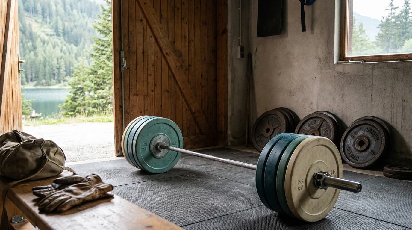 A set of color-coded Olympic bumper plates loaded on a barbell in a garage home gym, with cast iron plates stacked against a rubber-floored wall behind it