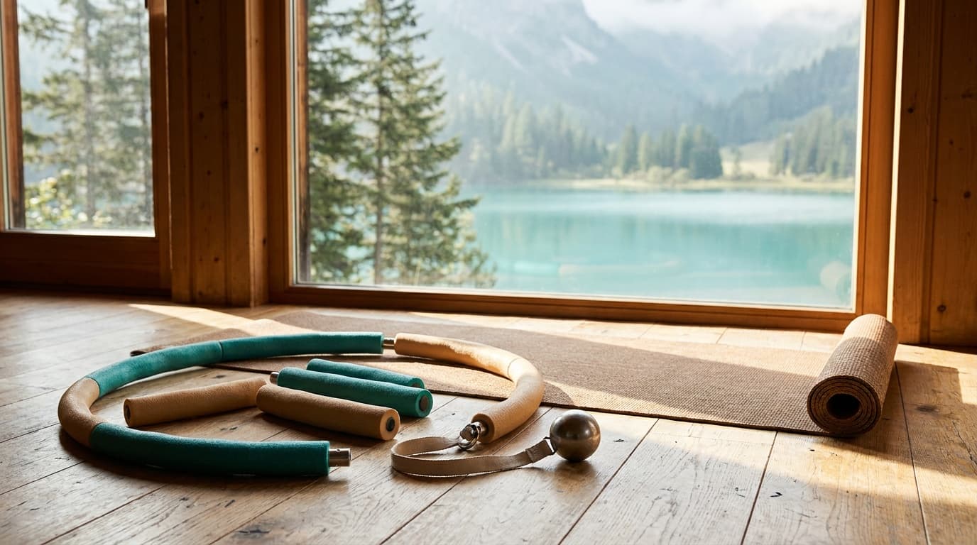 A weighted hula hoop with detachable foam-padded segments spread out on a light wood floor beside a yoga mat, morning sunlight across the surface showing the gravity-ball mechanism up close