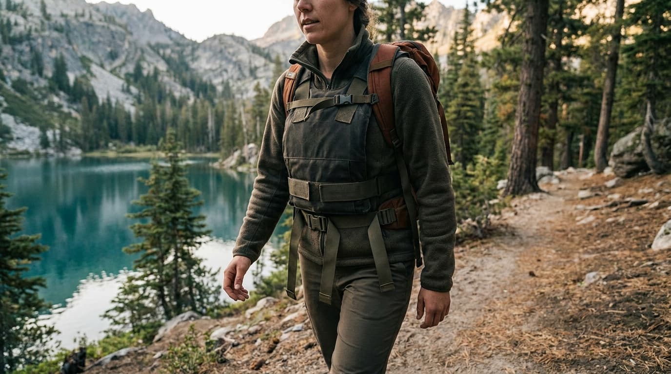 A person wearing a snug adjustable weighted vest walking a tree-lined trail in morning light, vest sitting flush against the torso with no visible bounce