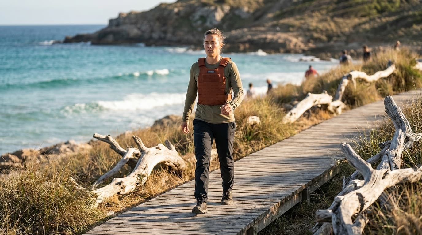 A person walking a coastal boardwalk wearing a low-profile weighted vest