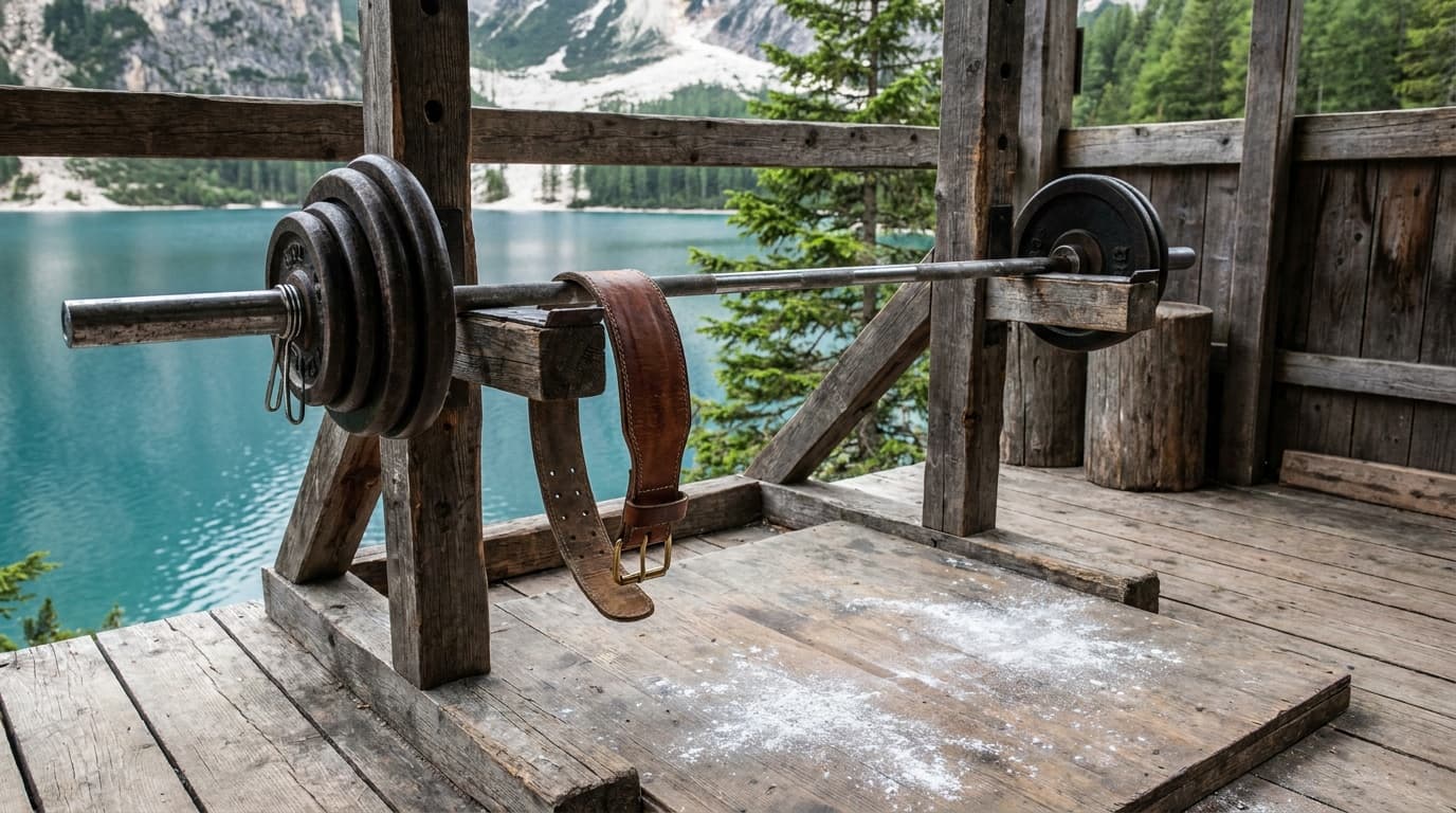 A loaded barbell on a squat rack with a stiff leather powerlifting belt and chalk-dusted platform in a bare-bones gym