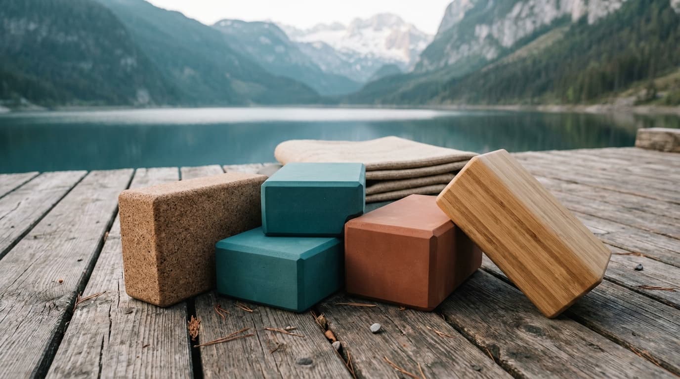 Four yoga blocks arranged on a wood floor: one cork, two foam, one bamboo, with a folded mat behind them