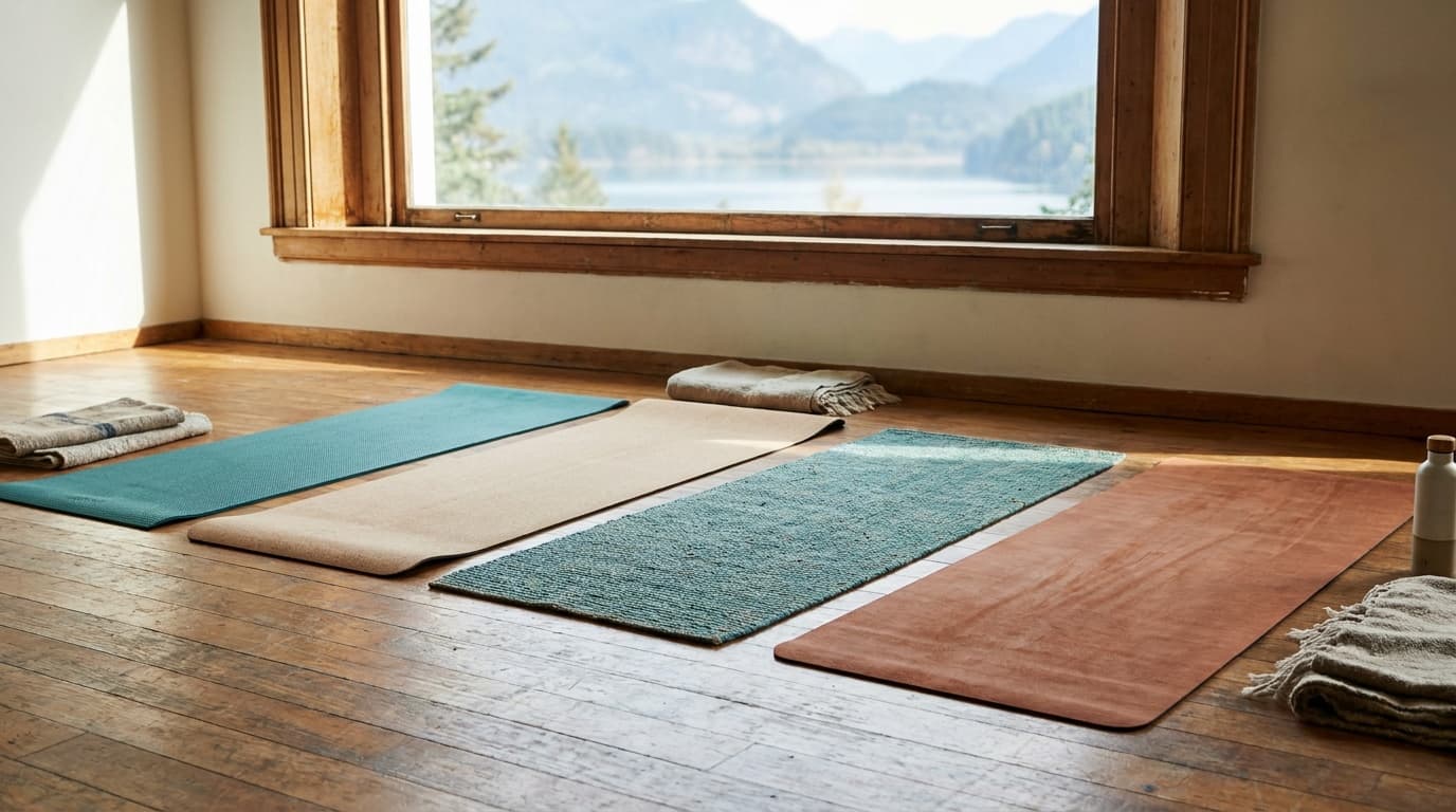 Four yoga mats laid out side by side on a studio hardwood floor showing varying textures and thicknesses, with natural light coming through a large window