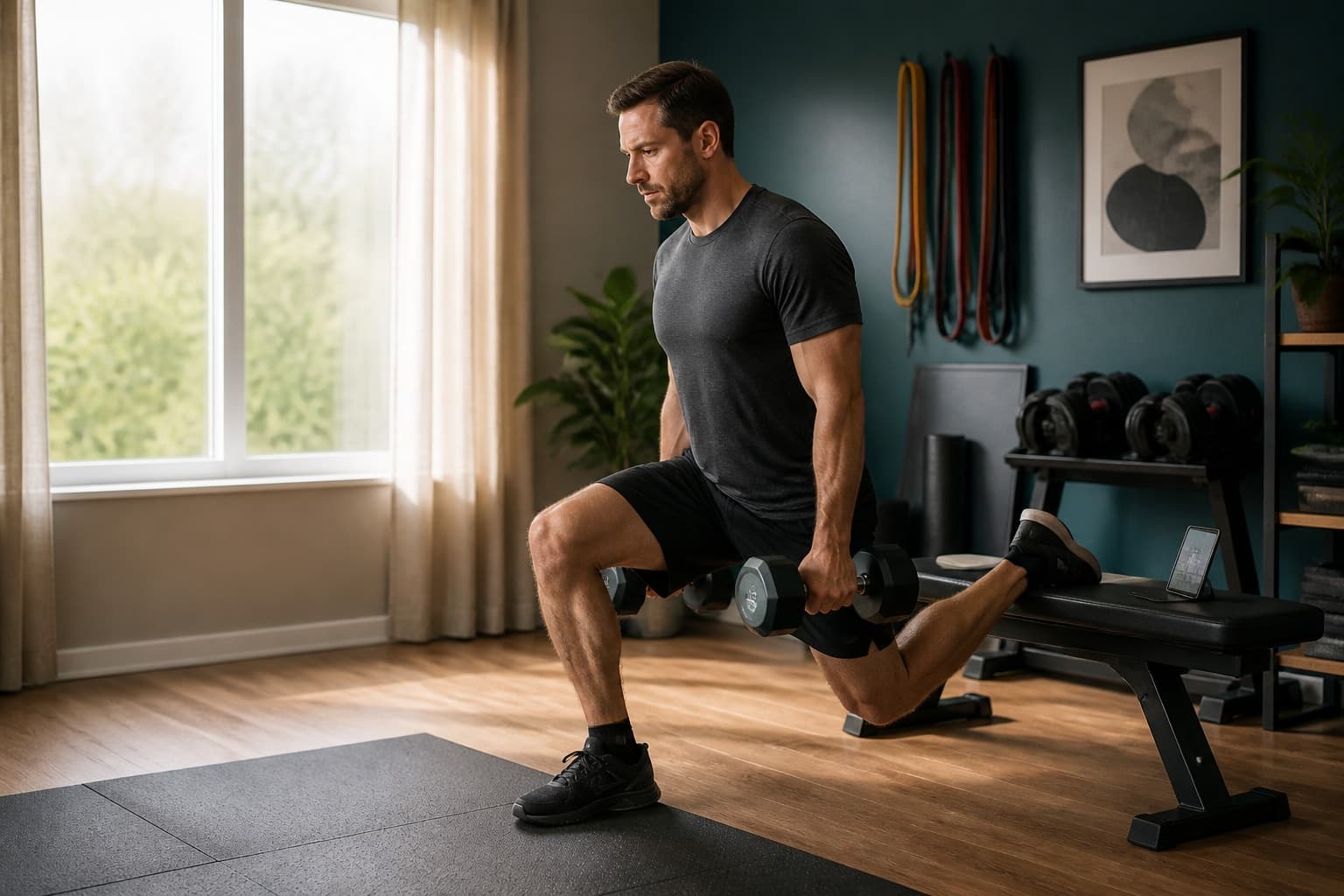 A person following a strength workout on a phone while doing a dumbbell split squat in a home gym