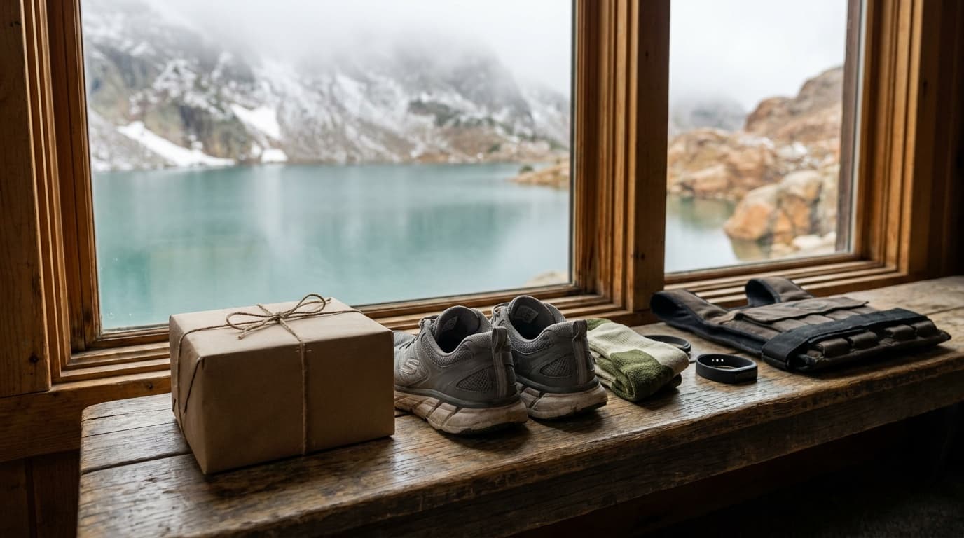 A wrapped gift box beside walking gear on a wooden bench: running shoes, cushioned socks, a fitness tracker, and a folded weighted vest in morning light