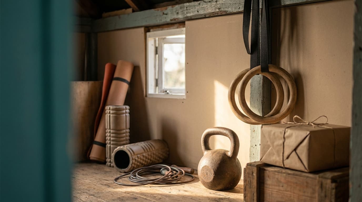 A tidy garage home gym corner at golden hour with a kettlebell, wooden gymnastic rings, a coiled jump rope, a foam roller, and a folded mat beside a wrapped gift box