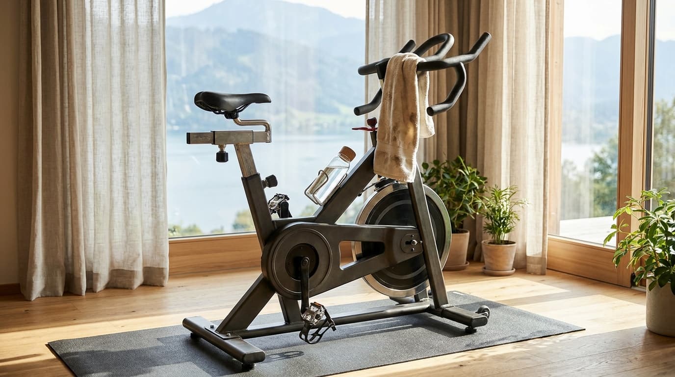 A modern indoor spin bike with a heavy flywheel in a bright home workout room, towel draped over the handlebars