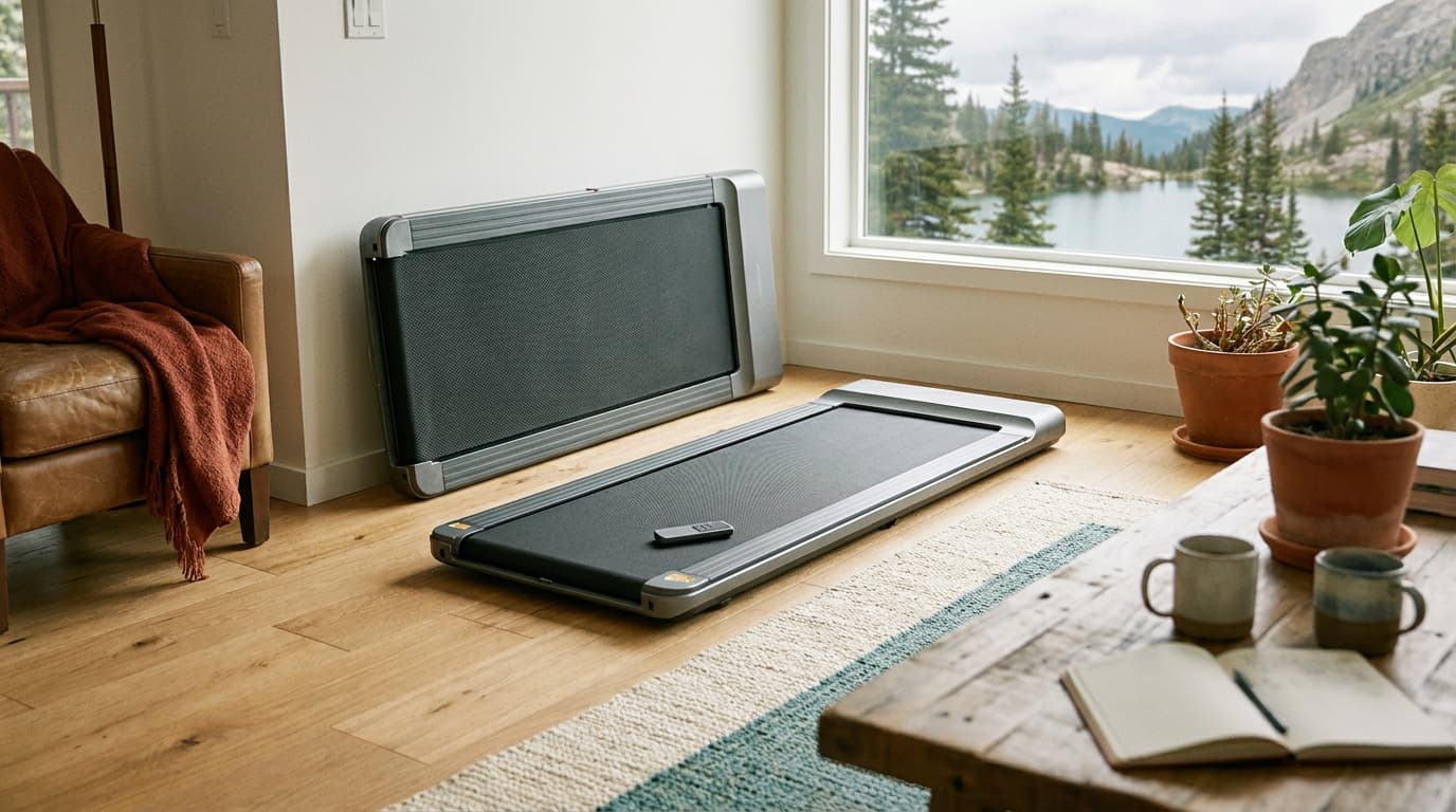 A person comparing a slim walking pad beside a standing desk in a bright home office, remote control in hand
