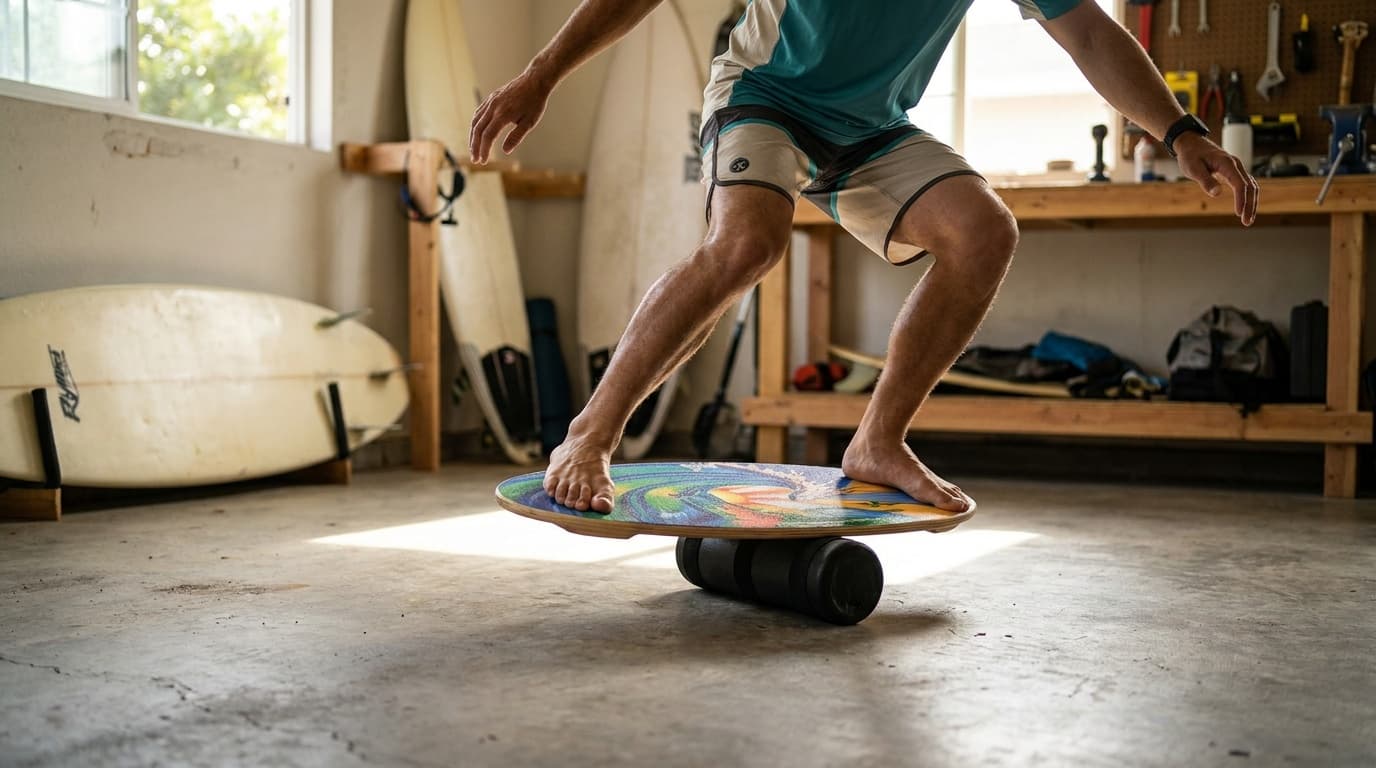 Indo Board Original maple balance board resting across its cylindrical roller