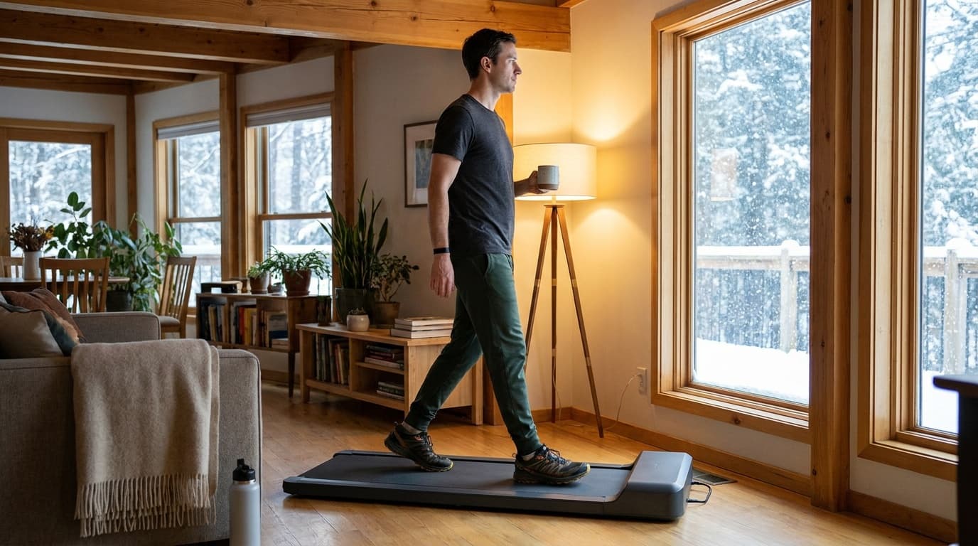 A man walking on a slim walking pad in a living room while heavy snow falls outside a large window