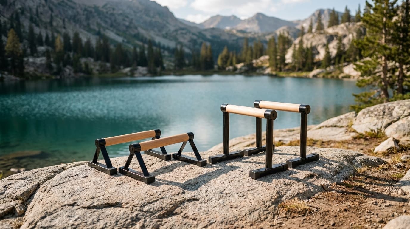 Low wood-handle and high black steel parallettes shown side by side