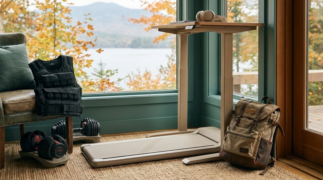 A home office corner in autumn light with a slim walking pad under a standing desk, a weighted vest over a chair back, a pair of adjustable dumbbells on the floor, and a canvas backpack by a window overlooking an autumn lake