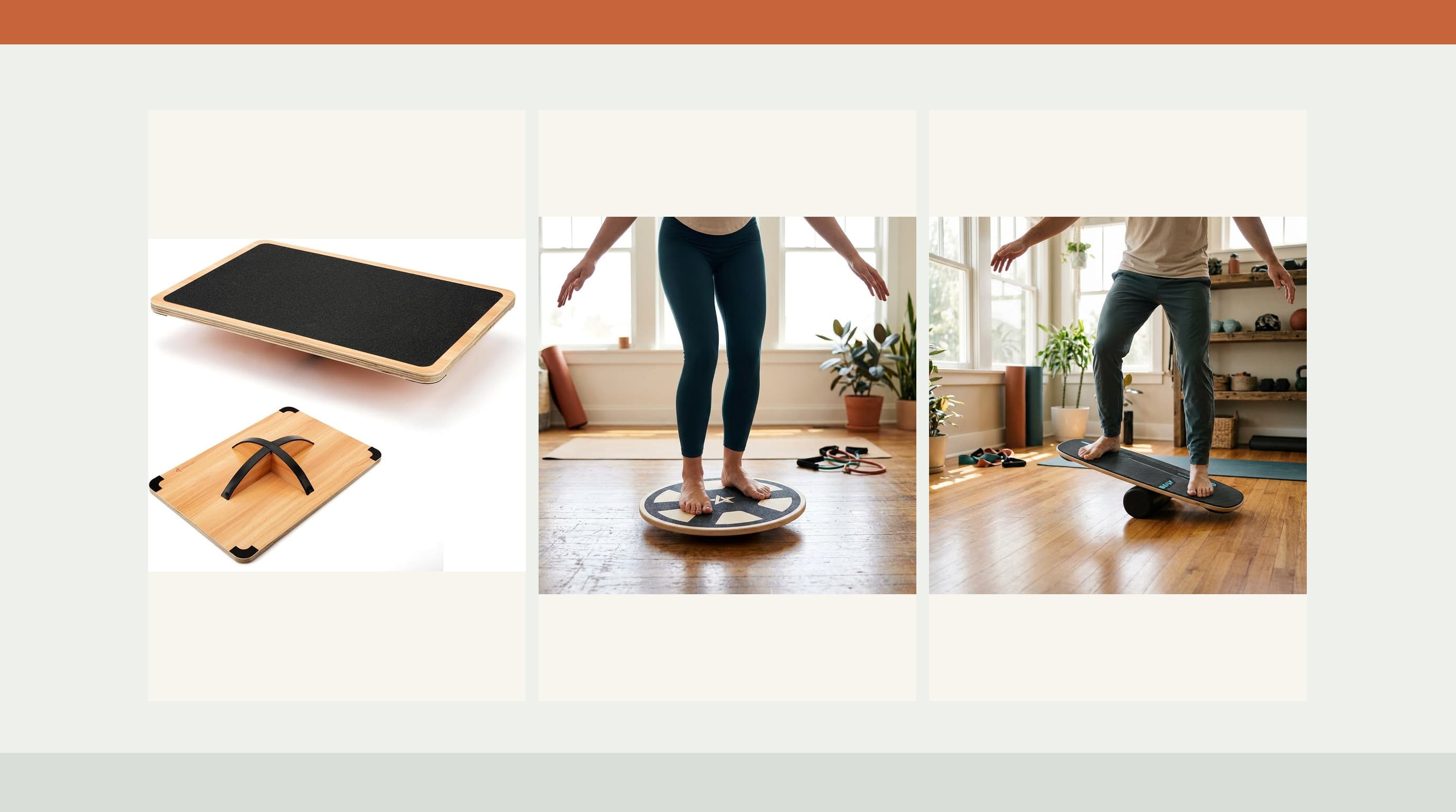 Rocker, wobble, roller, and spinning balance board bases compared side by side