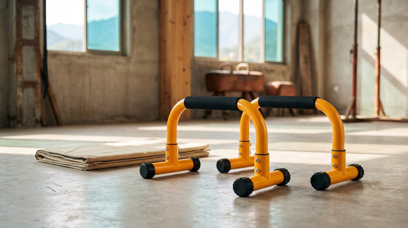 Orange Teclor 9.5 inch steel parallettes shown in use for an L-sit