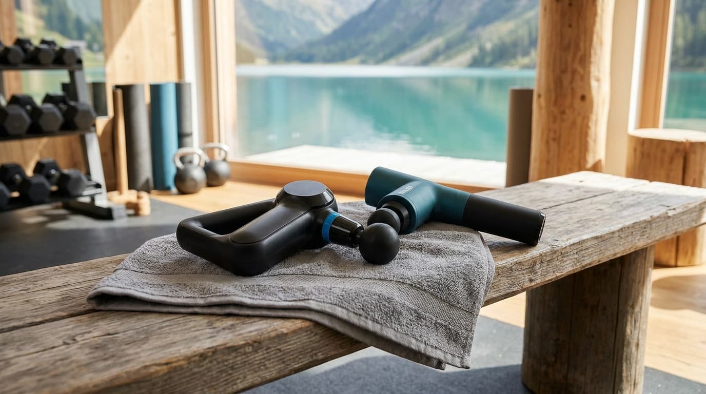 A person seated on a couch using a handheld massage gun on their forearm, with a foam roller, exercise ball, and mat nearby