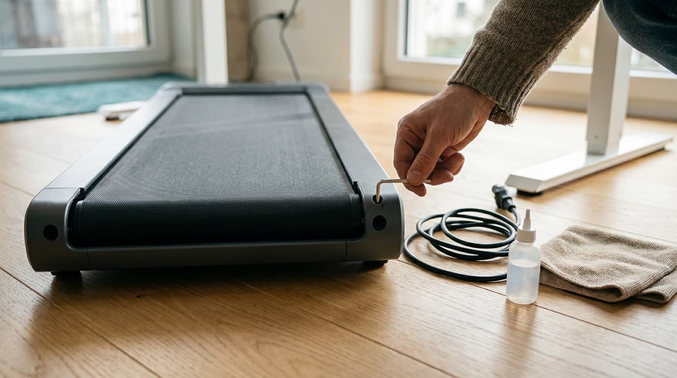 A hand turning the rear belt-adjustment bolt of an unplugged walking pad with a hex key, with the coiled power cord, a bottle of silicone oil, and a cloth on the floor