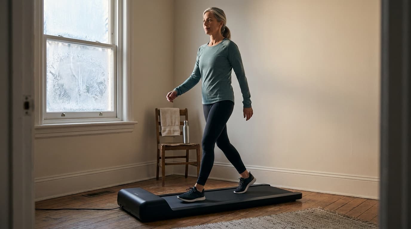 A woman doing a brisk workout walk on a compact walking pad in a quiet room with frost on the window