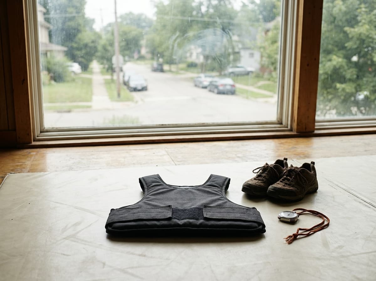 Illustration of an unbranded exercise vest, walking shoes and stopwatch beside a window