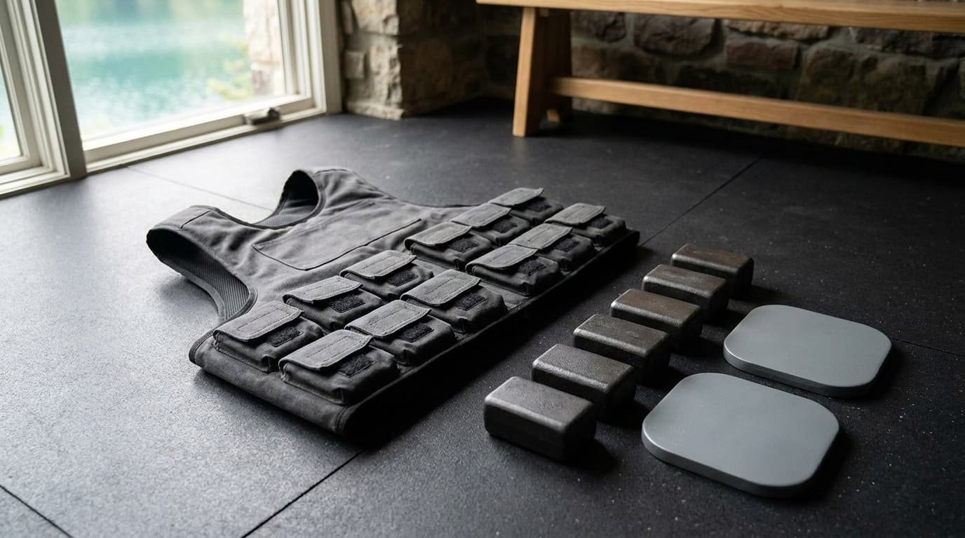An adjustable weighted vest with rows of pocket flaps laid flat on a rubber gym floor, beside a row of small iron weight bars and a pair of smooth steel vest plates