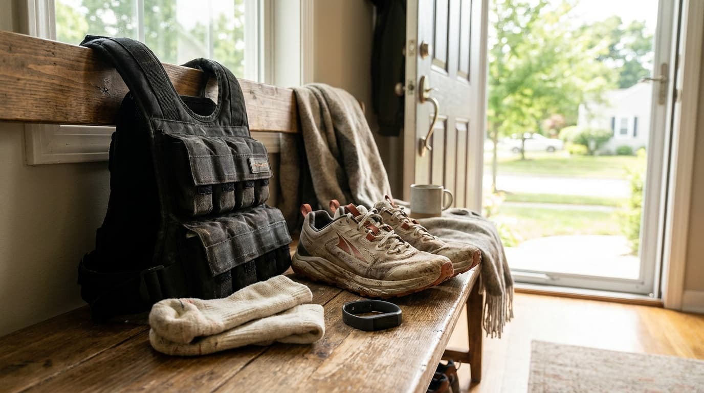 Weighted vest, walking shoes, socks, and fitness tracker ready for a walk