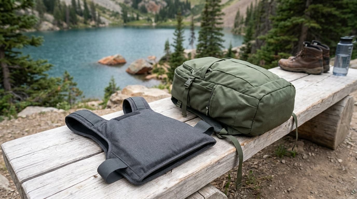 Illustration of an unbranded weighted vest and backpack side by side on a trailhead bench