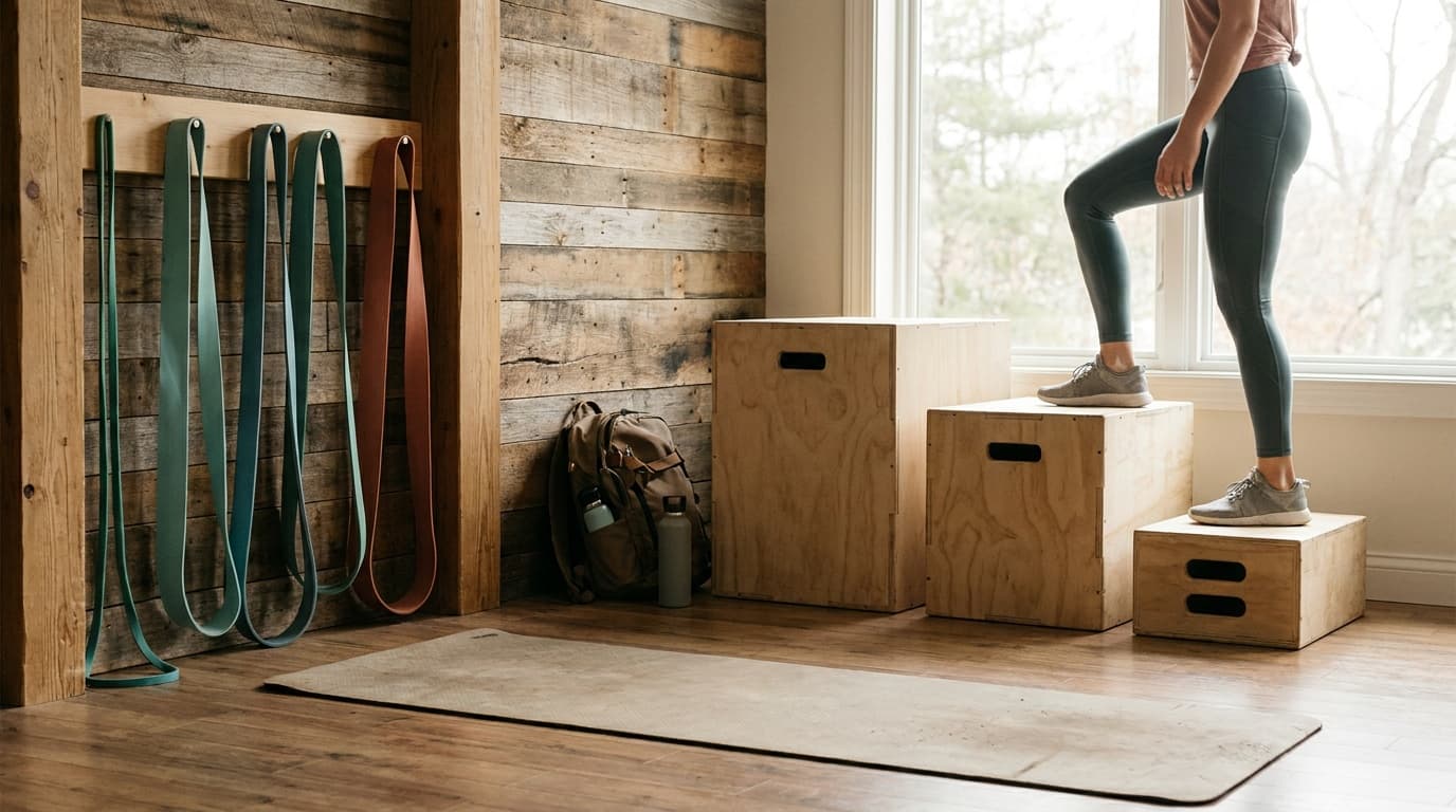 An athlete testing a low plyo box with a controlled step-up before jumping