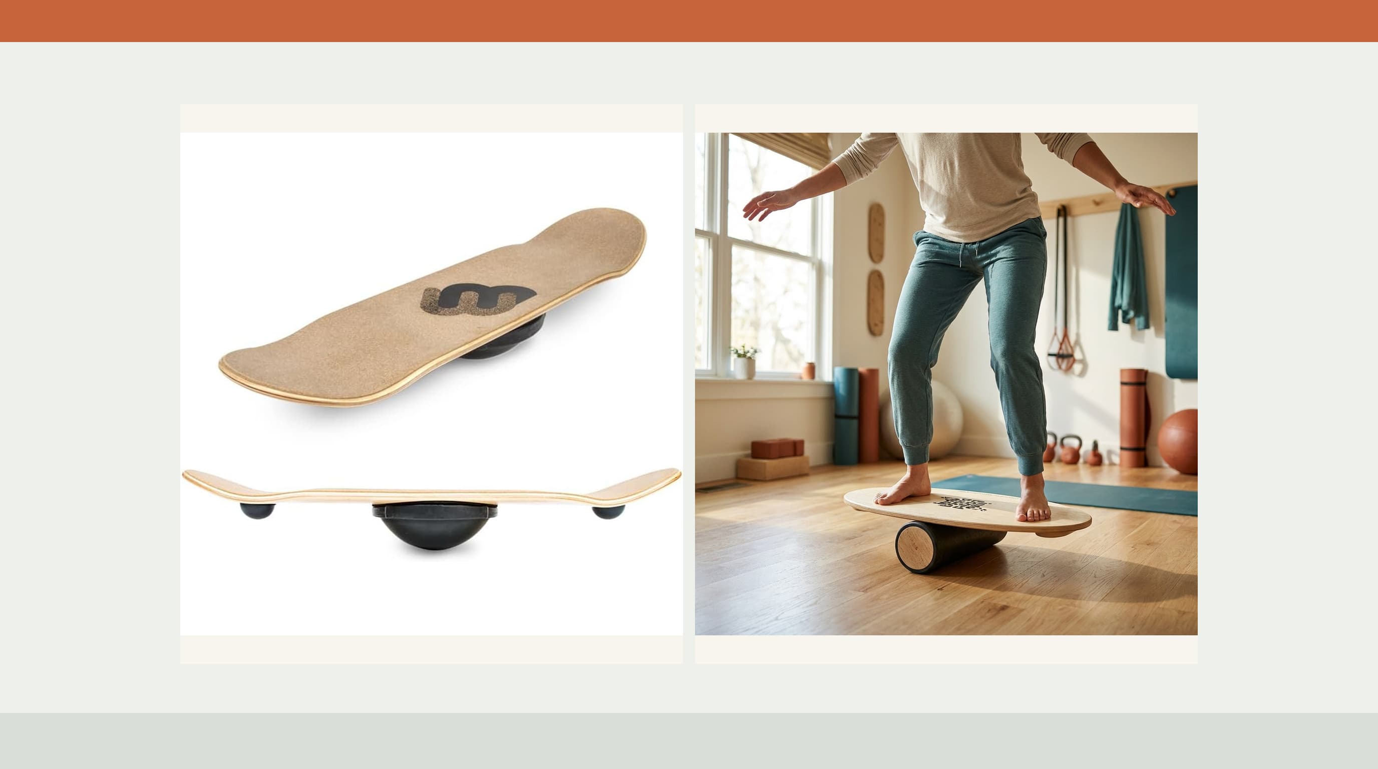 Whirly Board Sport 360 and Indo Board Original shown side by side with their different pivot and roller bases