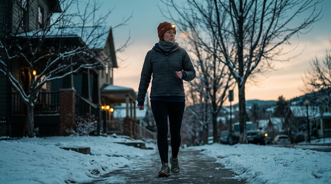 A woman walking briskly on a snowy neighborhood sidewalk at dawn, wearing an insulated jacket, beanie with a headlamp, neck gaiter, leggings, and walking shoes