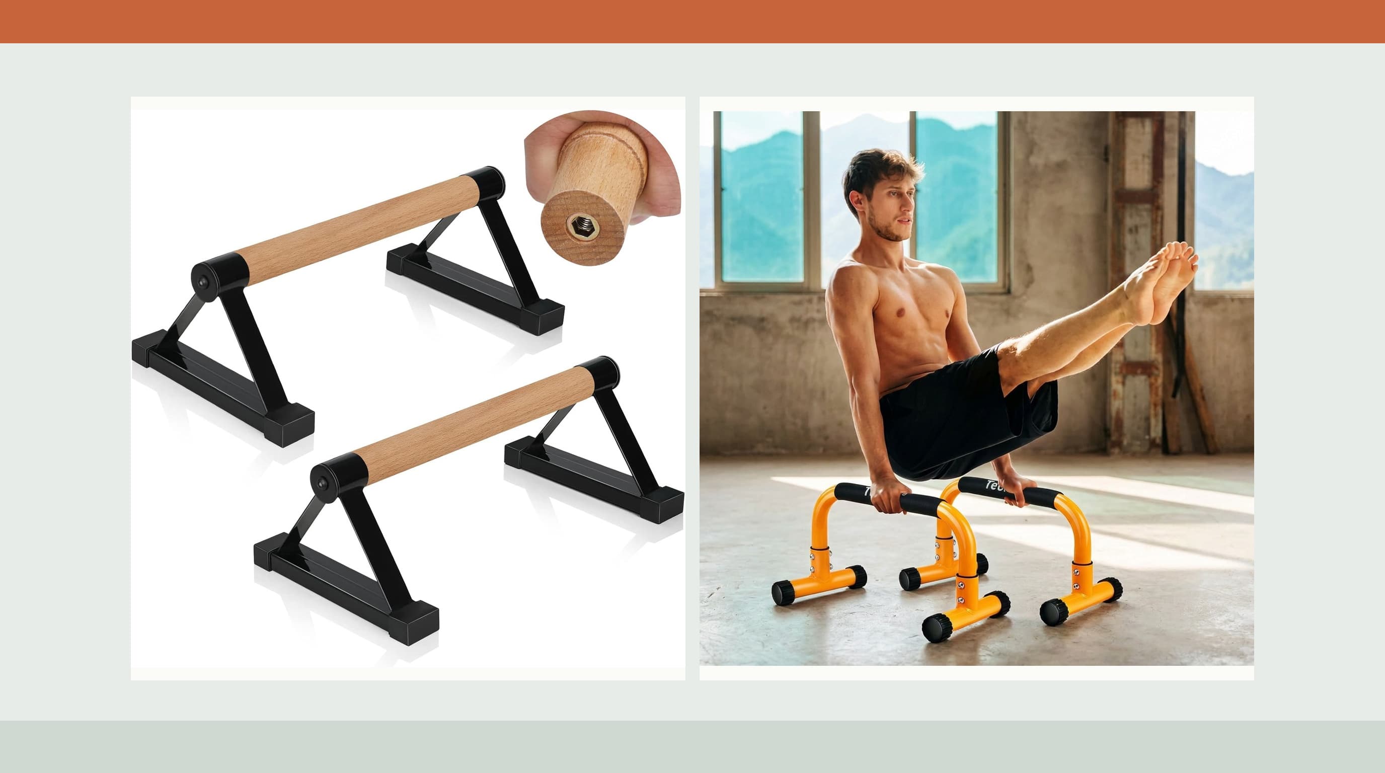 Wood-handle and orange steel parallettes shown side by side