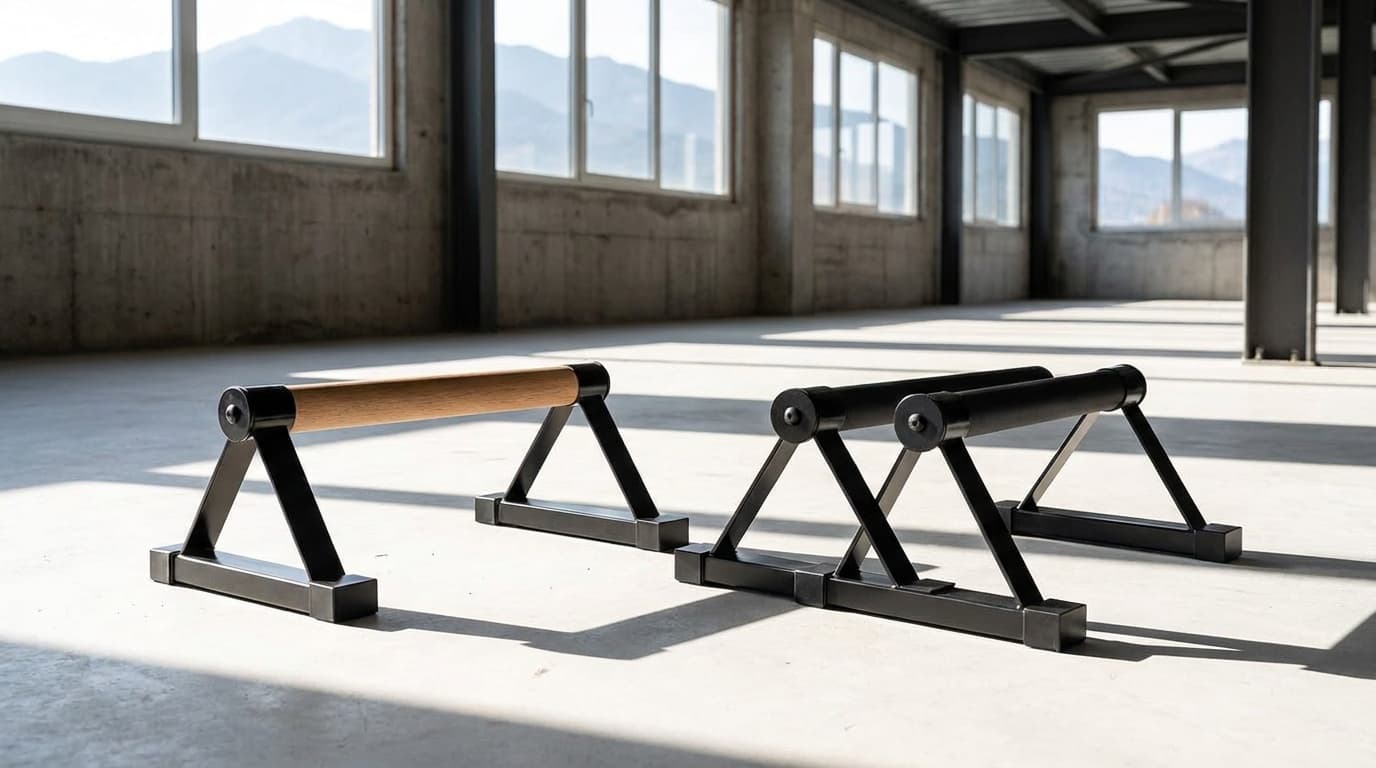 Wood-handle and orange steel parallettes shown side by side