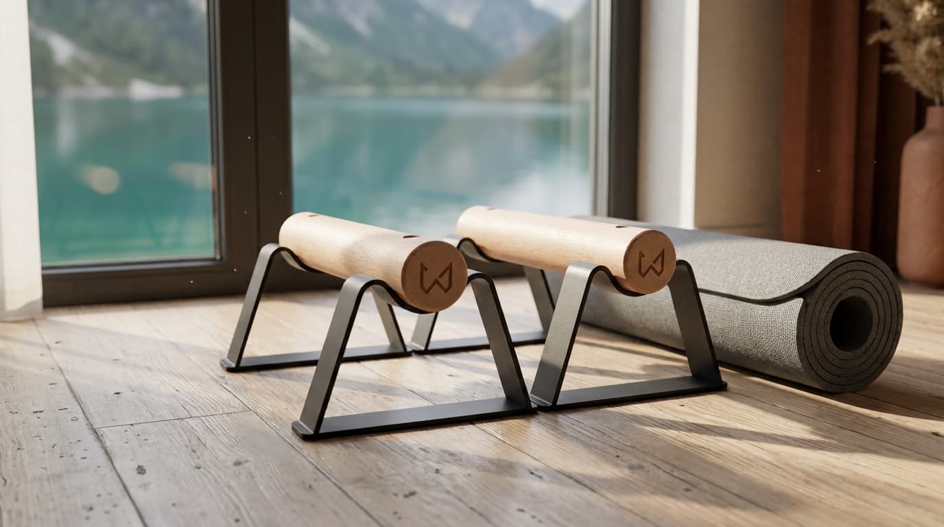 A pair of low wooden parallettes with beech handles and black steel bases on a wood floor beside a rolled mat, morning light from a window