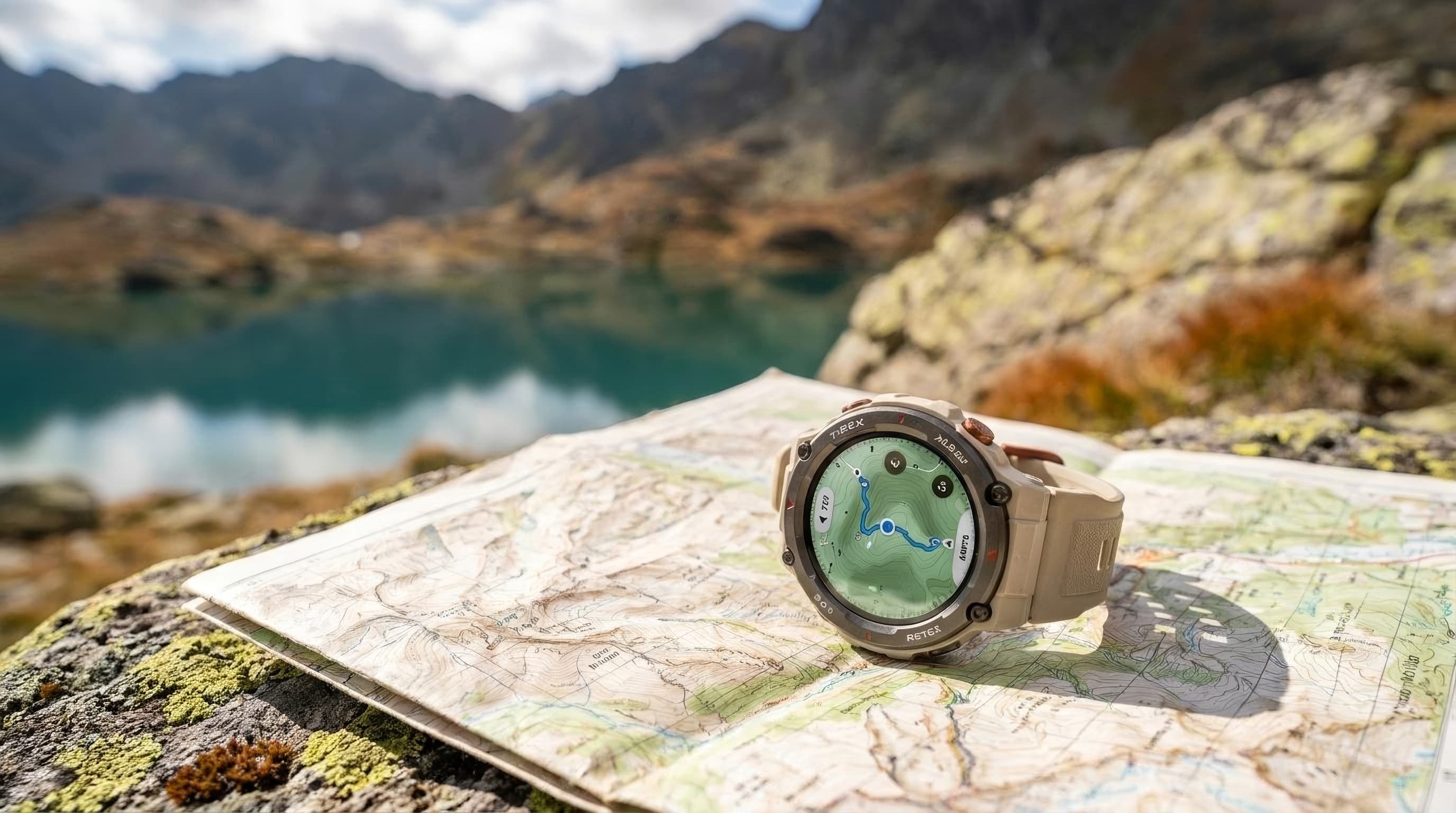 Amazfit T-Rex 3 outdoor GPS watch shown clearly against mountain terrain