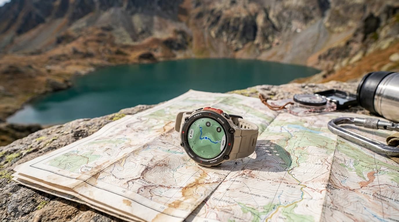 Amazfit T-Rex 3 outdoor GPS watch shown clearly against mountain terrain