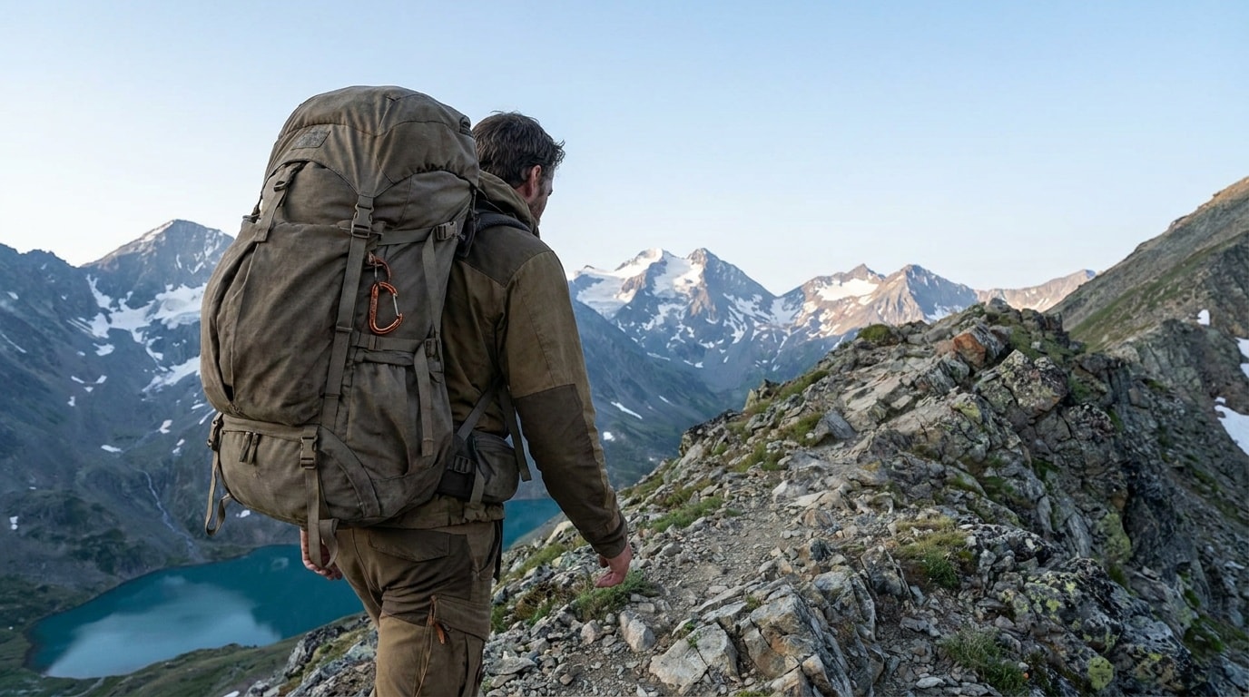 A backpacker hiking a long trail through open country