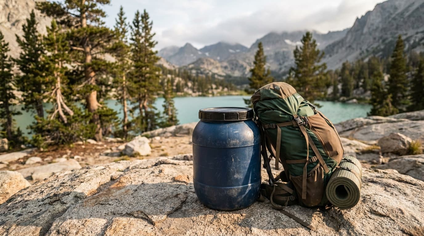 A filled bear canister sitting on granite next to a loaded backpack at a high-alpine campsite, pine trees and a lake visible in the background