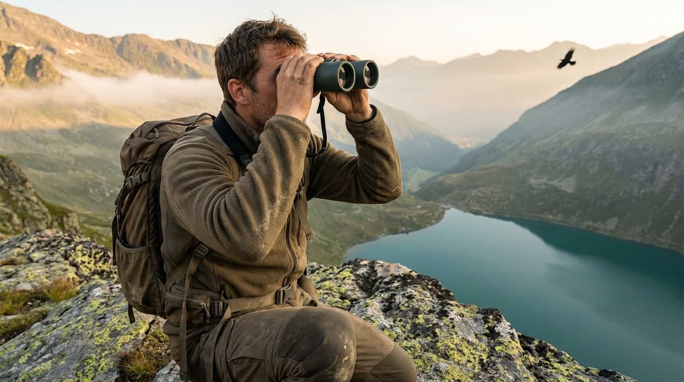 A hiker raising 8x42 binoculars toward a ridge-top raptor, morning light spilling across a forest valley below
