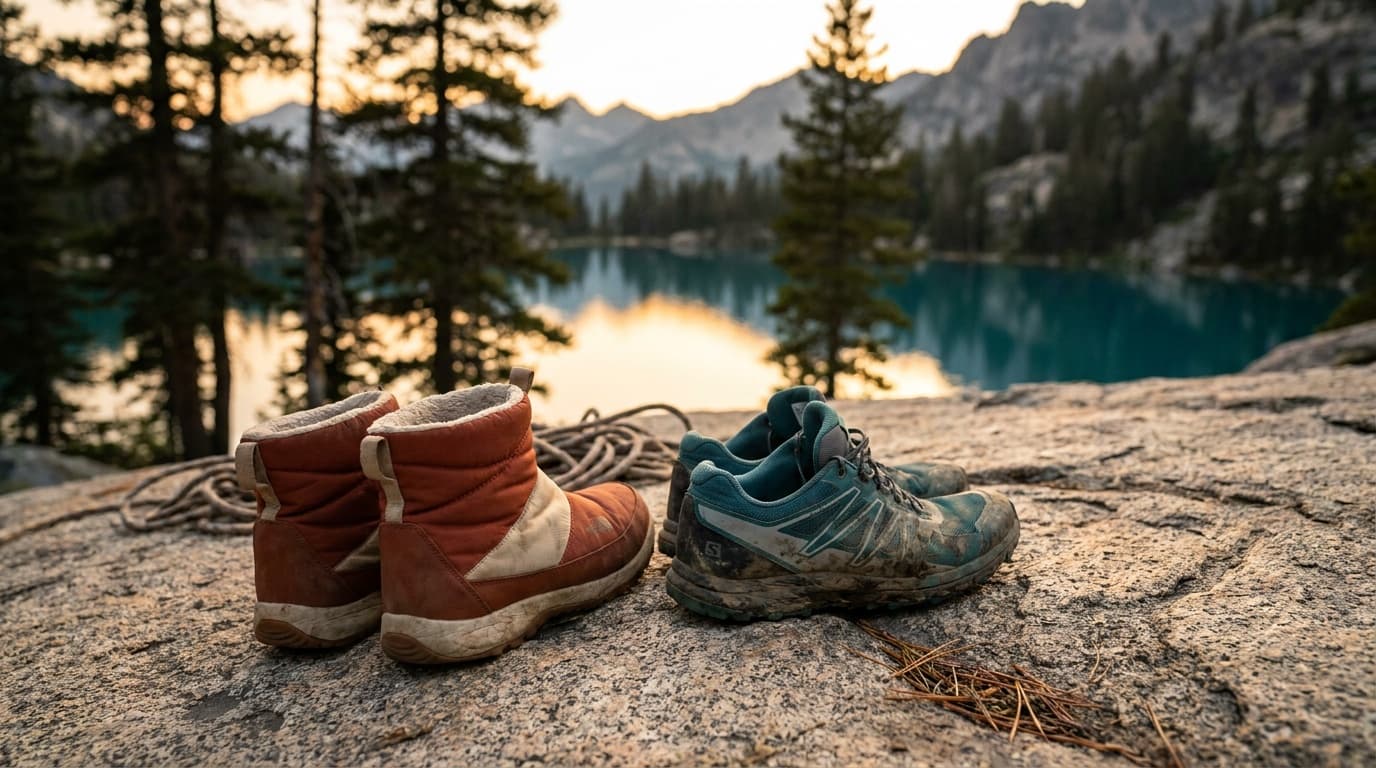 A pair of camp shoes sitting beside a trail runner boot at the edge of a granite slab campsite, with a backcountry lake and pine forest in the background at golden hour
