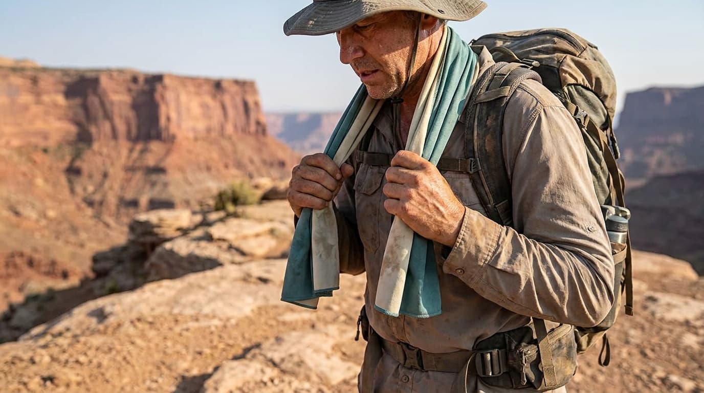 Hiker wrapping a wet cooling towel around their neck on a sun-exposed desert ridgeline, red rock canyon walls in the background