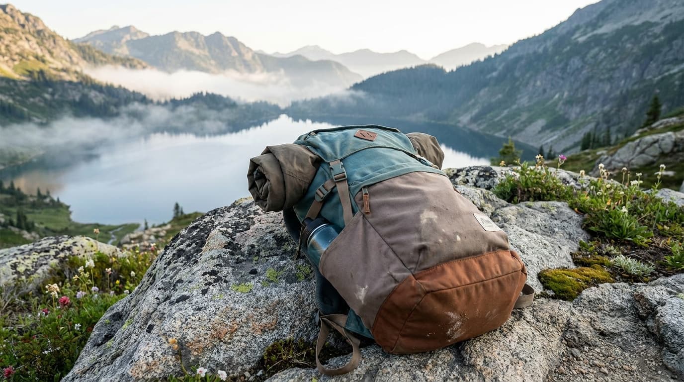 Hiker on a rocky ridge trail, wearing a teal daypack, mid-morning light casting long shadows across the stone