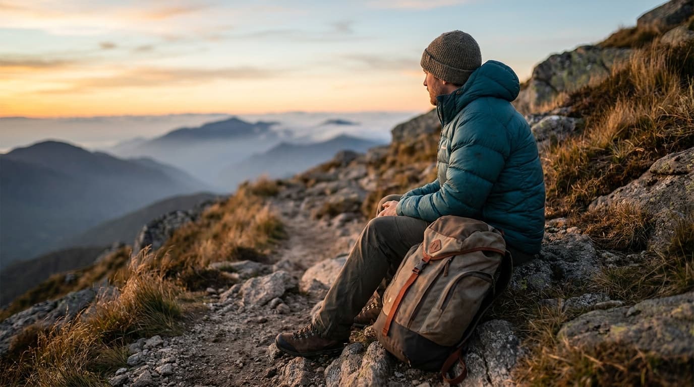A hiker in a teal down jacket on an exposed ridge at golden hour, peaks and clouds behind them