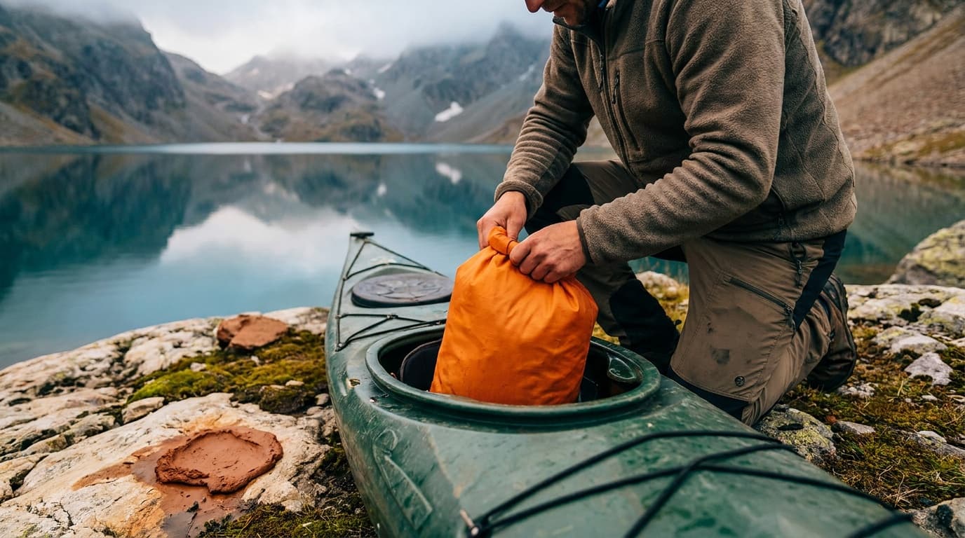 A kayaker loading a bright orange roll-top dry bag into a sea kayak cockpit on a rocky shoreline, water-worn mountains reflected in the calm inlet behind them