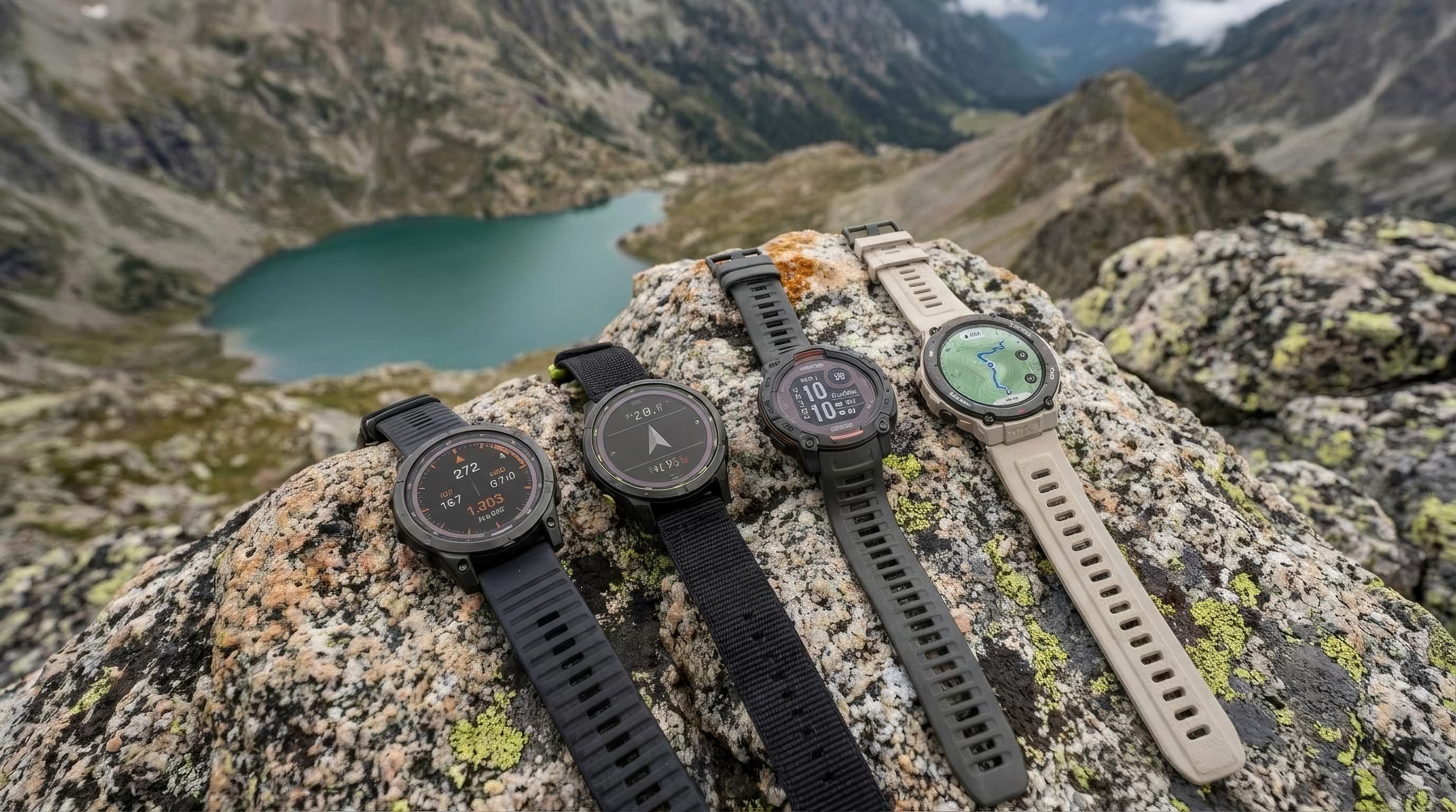 A hiker checking a GPS watch on a rocky ridgeline above a valley of alpine lakes at golden hour