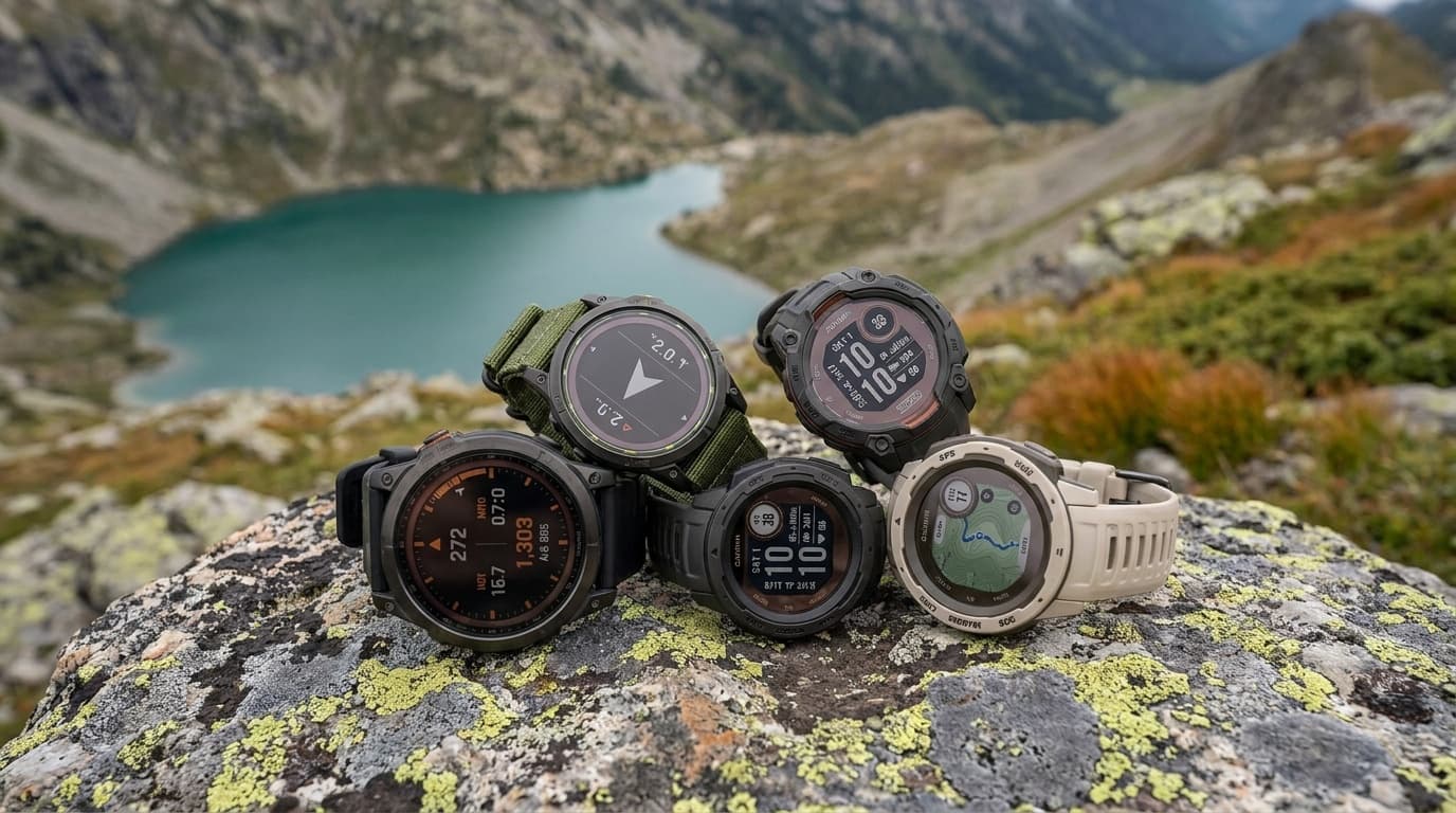 A hiker checking a GPS watch on a rocky ridgeline above a valley of alpine lakes at golden hour
