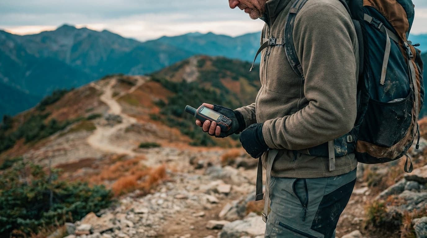 A hiker in mountain terrain holding a handheld GPS device, with a ridgeline trail visible in the background